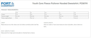 Youth Hoody Size Chart