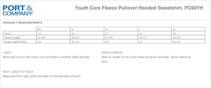 Youth Hoody Size Chart